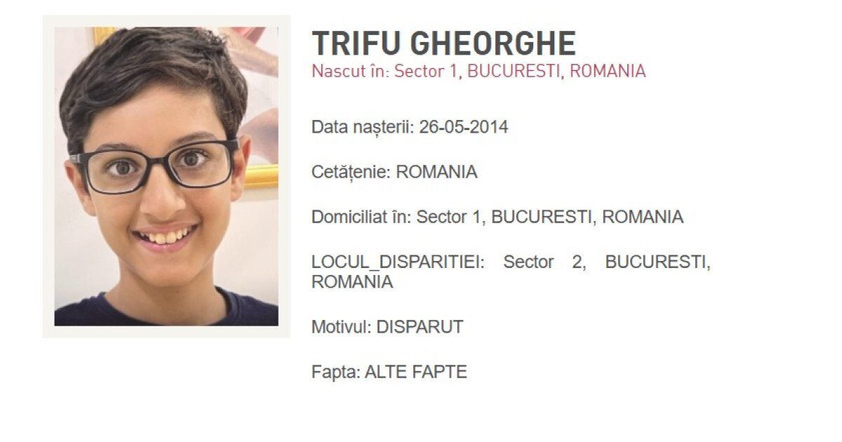 Alertă în București pentru găsirea unui copil dispărut Poliția Capitalei a emis, în această seară, un mesaj RO-Alert prin care anunța dispariția unui copil de doar 11 ani, Gheorghe Trifu, în sectorul 2 al Bucureștiului