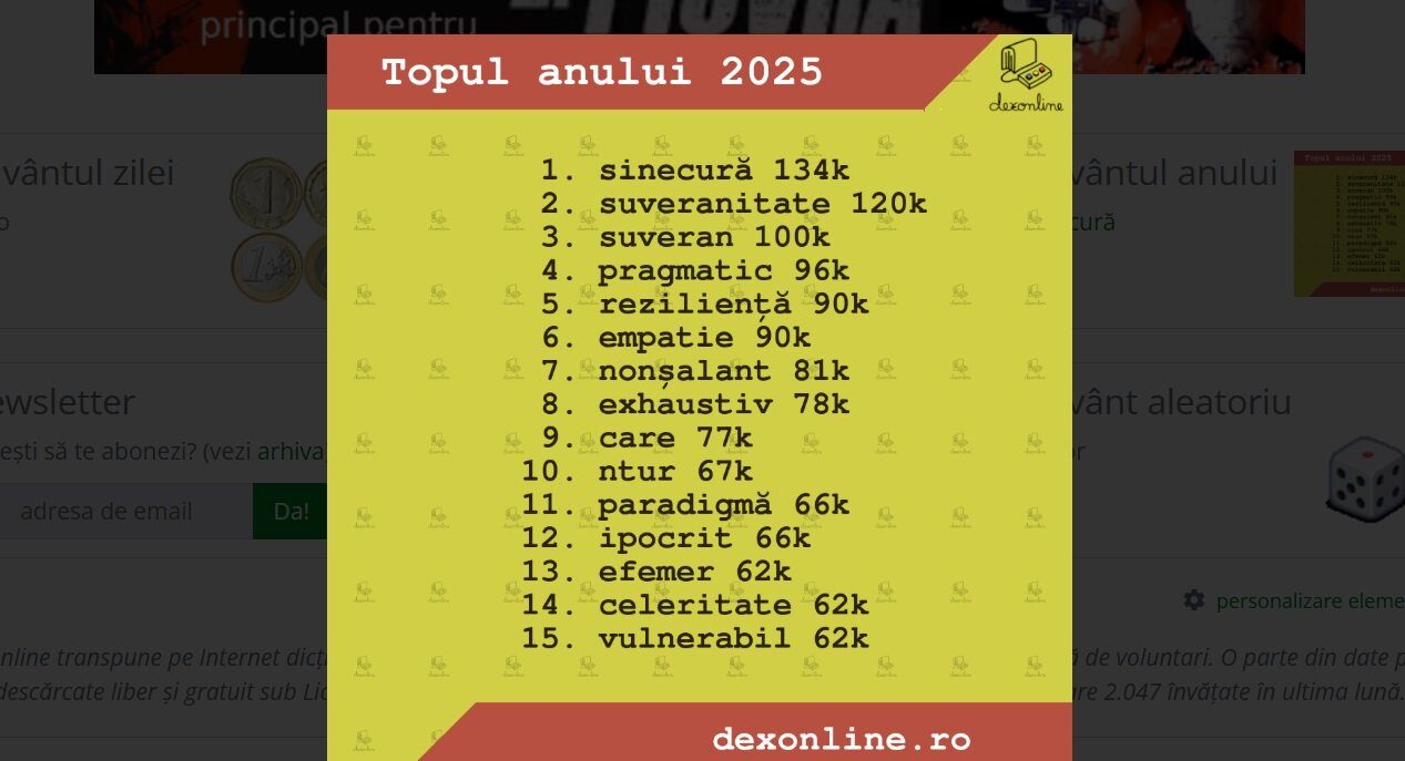 Cuvintele „sinecură” și „suveranitate” domină DEX Online în 2025