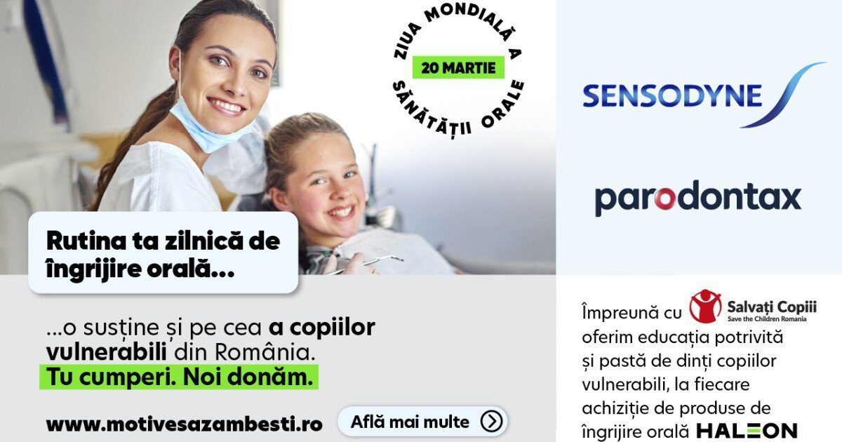 Haleon România și Salvați Copiii se aliază pentru a îmbunătăți igiena orală în rândul copiilor vulnerabili Cu ocazia Zilei Mondiale a Sănătății Orale, celebrare pe 20 martie, compania Haleon România, în parteneriat cu organizația Salvați Copiii România, lansează o inițiativă amplă dedicată îmbunătățirii sănătății orale a copiilor din comunități vulnerabile