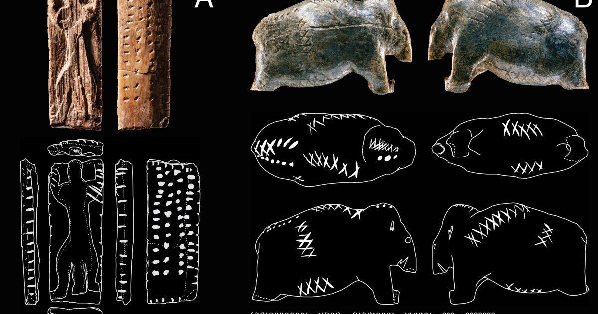 Semne misterioase pe artefacte vechi de 40.000 de ani: prevestirea scrisului? O figurină descoperită într-o peșteră din Germania, veche de 40.000 de ani, prezintă o serie de crestături și puncte care au intrigat cercetătorii
