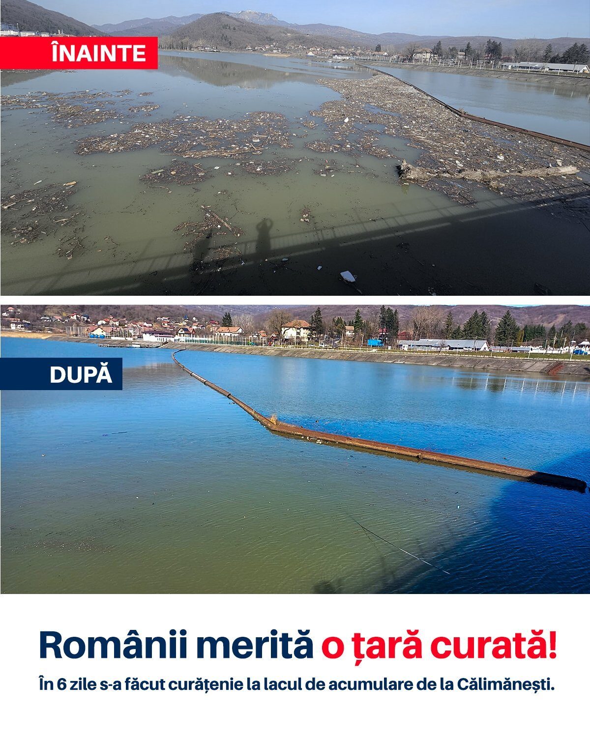 Lacul de acumulare Călimănești, curățat de deșeuri în șase zile, anunță ministrul mediului Lacul de acumulare de la Călimănești a fost curățat de tonele de deșeuri, la doar șase zile de la sesizarea făcută de ministrul Mediului, Diana Buzoianu, potrivit unei postări pe Facebook a acesteia