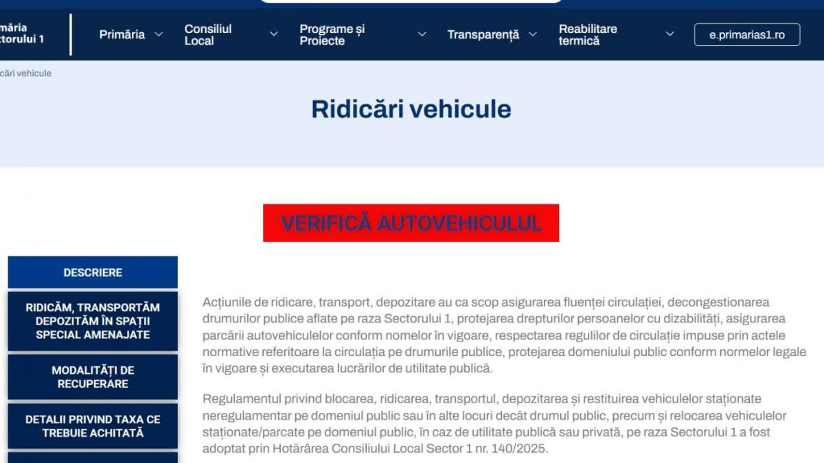Sectorul 1 lansează un serviciu online pentru verificarea mașinilor ridicate Primăria Sectorului 1 a introdus un nou serviciu online menit să ușureze viața șoferilor