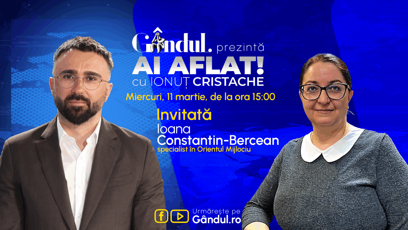 Ioana Constantin-Bercean, specialistă în Orientul Mijlociu, invitată la „Ai Aflat! cu Ionuț Cristache” Emisiunea „Ai Aflat! cu Ionuț Cristache” revine pe micile ecrane miercuri, 11 martie, de la ora 15:00, cu o ediție live ce o va avea ca invitată pe Ioana Constantin-Bercean, specialistă în Orientul Mijlociu