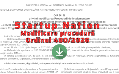Startup Nation: Ministerul Economiei modifică procedura de finanțare pentru a rezolva problema pragului la mijloacele fixe Ministerul Economiei a modificat procedura oficială a programului Startup Nation 2024-2026, ca urmare a avertismentelor privind neeligibilitatea unor achiziții