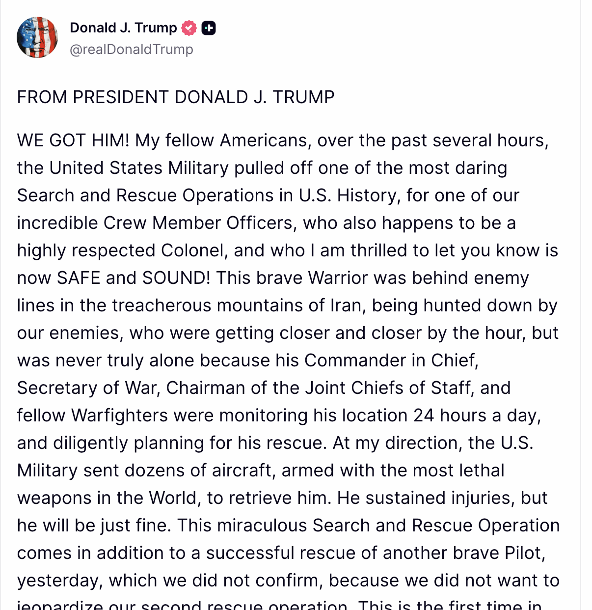 Al doilea pilot din avionul de vânătoare F-15 doborât deasupra Iranului a fost salvat de forțele americane, conform informațiilor apărute în presa internațională