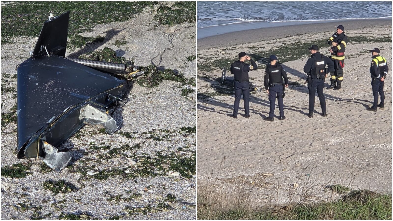 O aripă de dronă a fost descoperită pe o plajă dintre localitățile COSTINEȘTI și TUZLA, vineri după-amiaza, stârnind o alertă în județul Constanța
