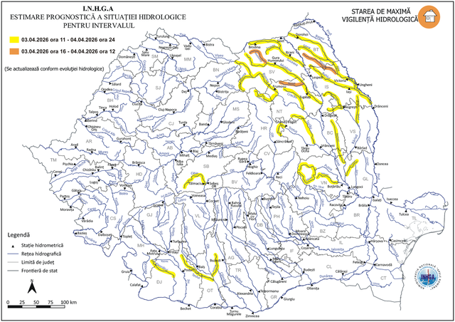 Avertisment de inundații: Cod portocaliu pentru mai multe județe din România București – Institutul Național de Hidrologie și Gospodărire a Apelor (INHGA) a emis noi avertizări de inundații, inclusiv cod portocaliu pentru râuri din mai multe județe
