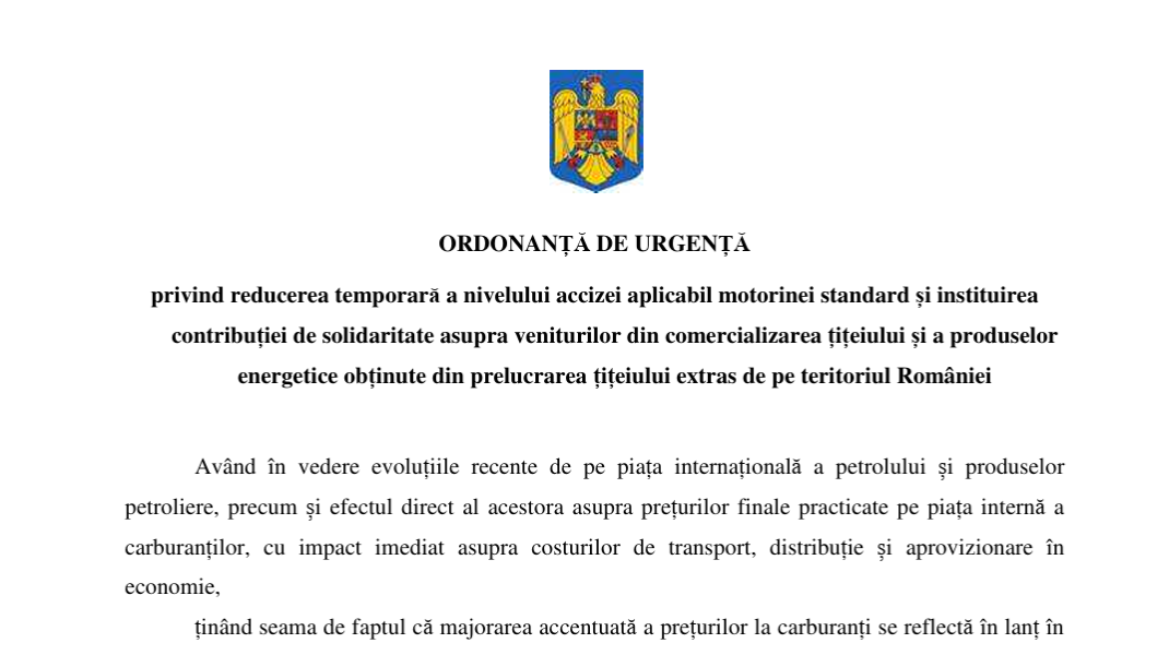 Guvernul propune reducerea accizei la motorină și o taxă pentru companiile petroliere Ministerul Finanțelor a lansat joi proiectul de Ordonanță de Urgență (OUG) care prevede reducerea temporară a accizei la motorină