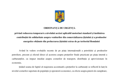 Guvernul propune reducerea accizei la motorină și o taxă pentru companiile petroliere Ministerul Finanțelor a lansat joi proiectul de Ordonanță de Urgență (OUG) care prevede reducerea temporară a accizei la motorină