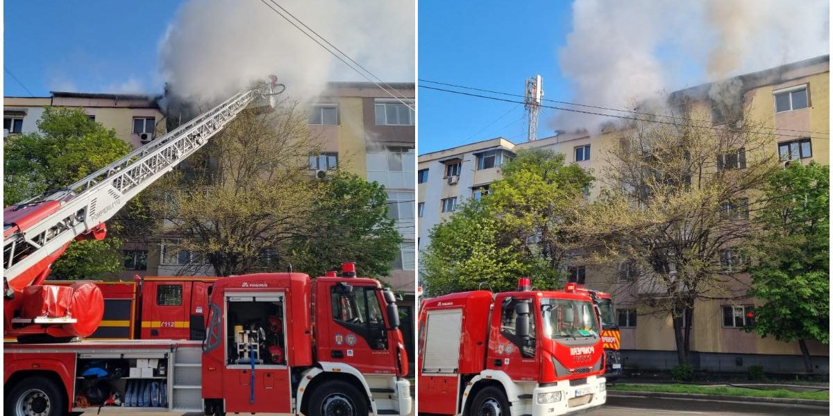 Incendiu violent la Craiova: 14 oameni, evacuați din bloc