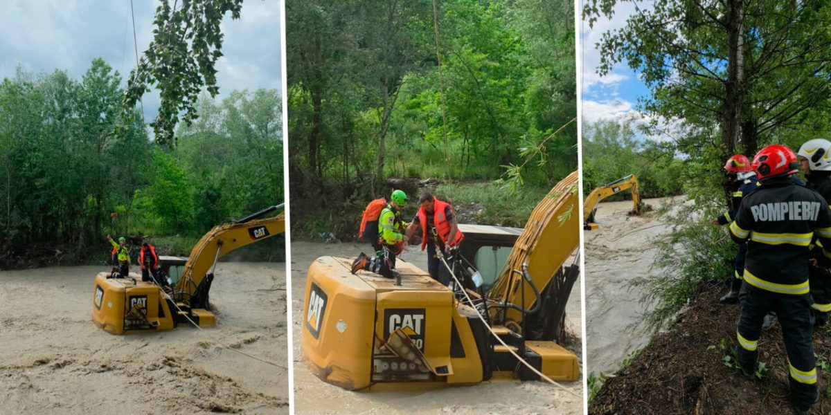 Scandal în Dâmbovița: Salvat cu elicopterul MAI, prins de viitură pe excavator