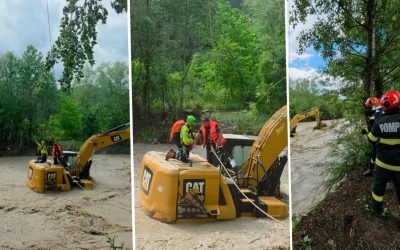 Scandal în Dâmbovița: Salvat cu elicopterul MAI, prins de viitură pe excavator