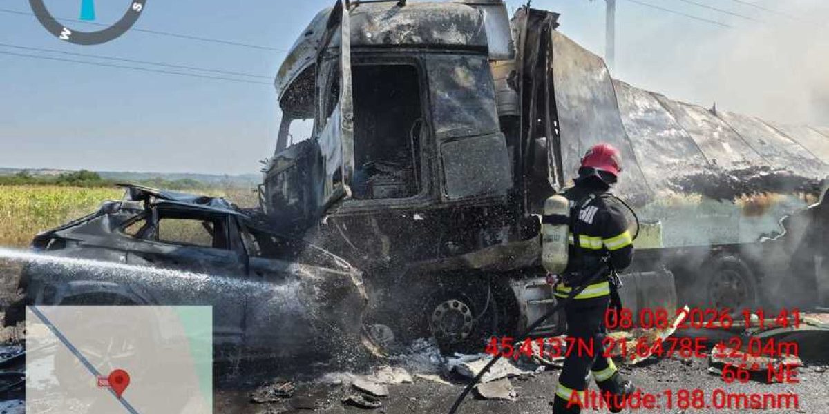 Accident grav între o mașină și un TIR. În urma impactului, autovehiculele au luat foc și unul dintre șoferi a murit