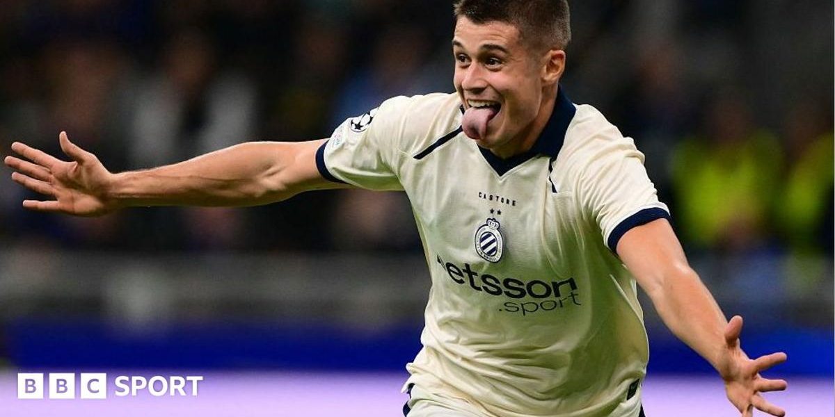 Club Brugge forward Nicolo Tresoldi celebrating scoring at Inter Milan in the Champions League