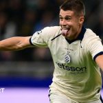 Club Brugge forward Nicolo Tresoldi celebrating scoring at Inter Milan in the Champions League